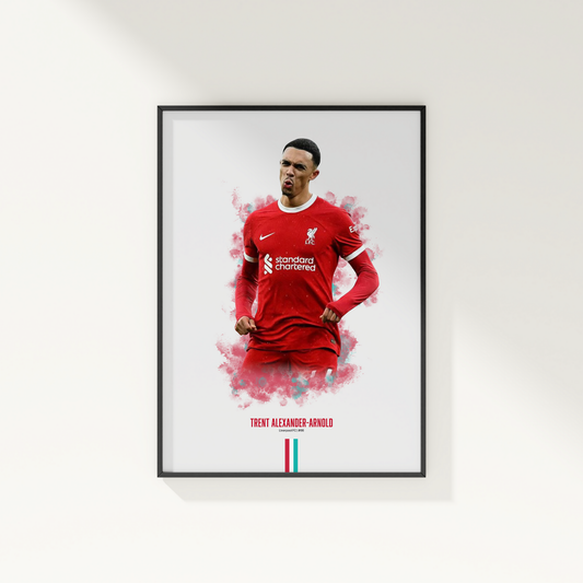 framed poster mockup of soccer player trent alexander-arnold hanging on a white wall