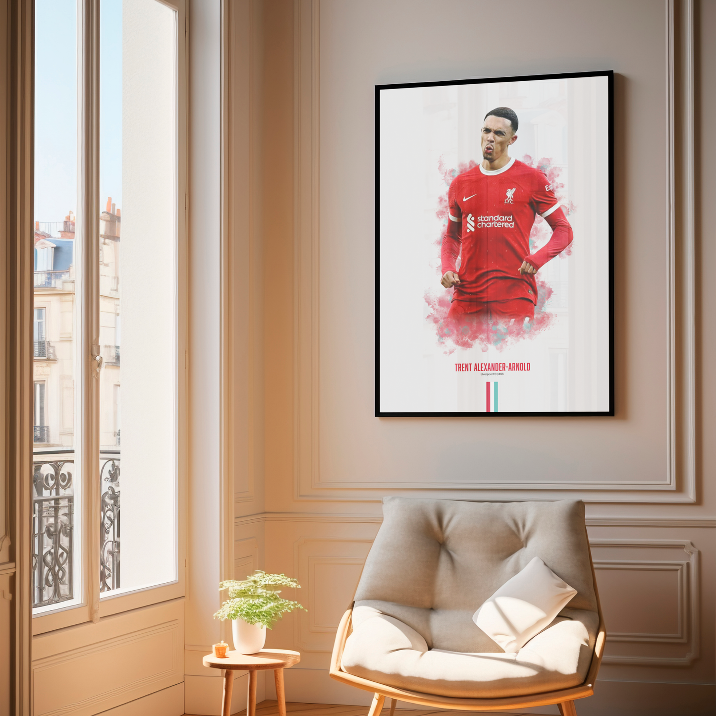 framed poster mockup of soccer player trent alexander-arnold hanging in a living room