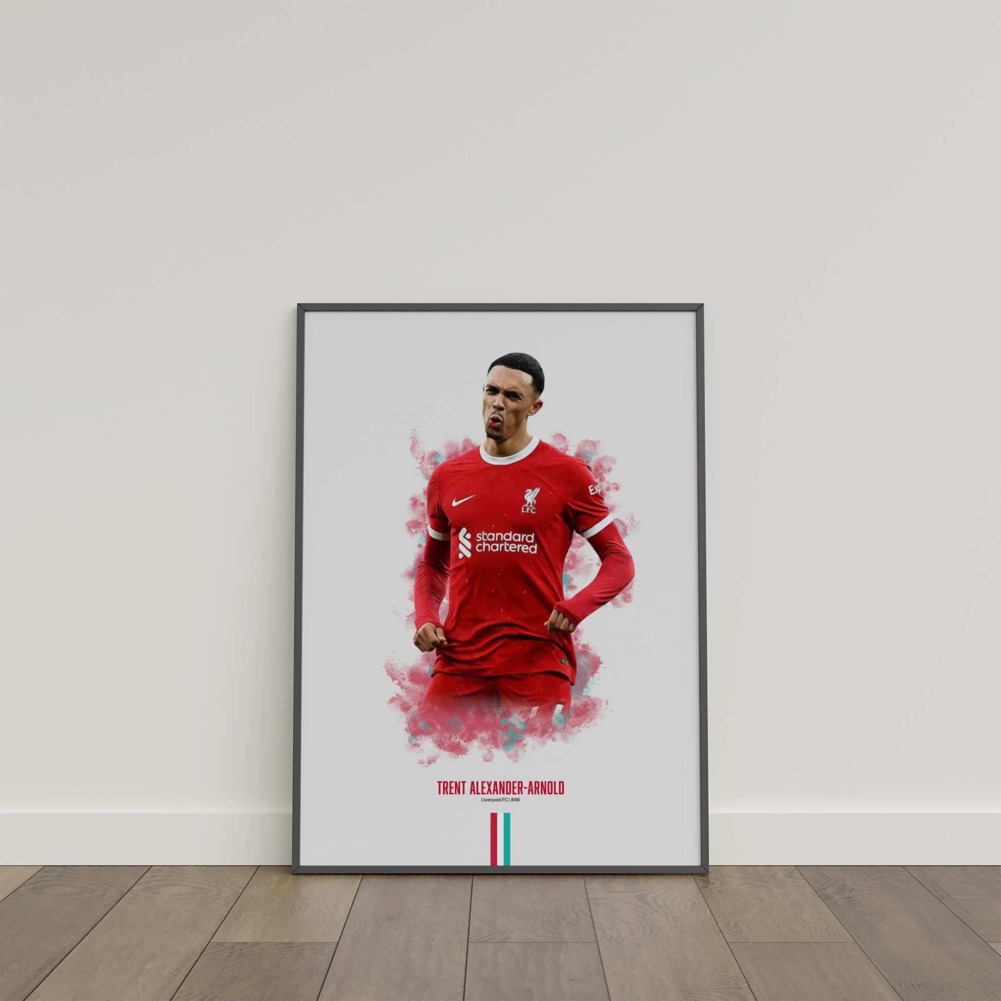 framed poster mockup of soccer player trent alexander-arnold leaning on a white wall