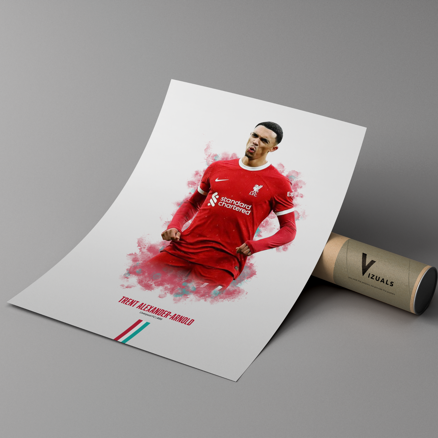 poster mockup of soccer player trent alexander-arnold leaning on a cardboard tube