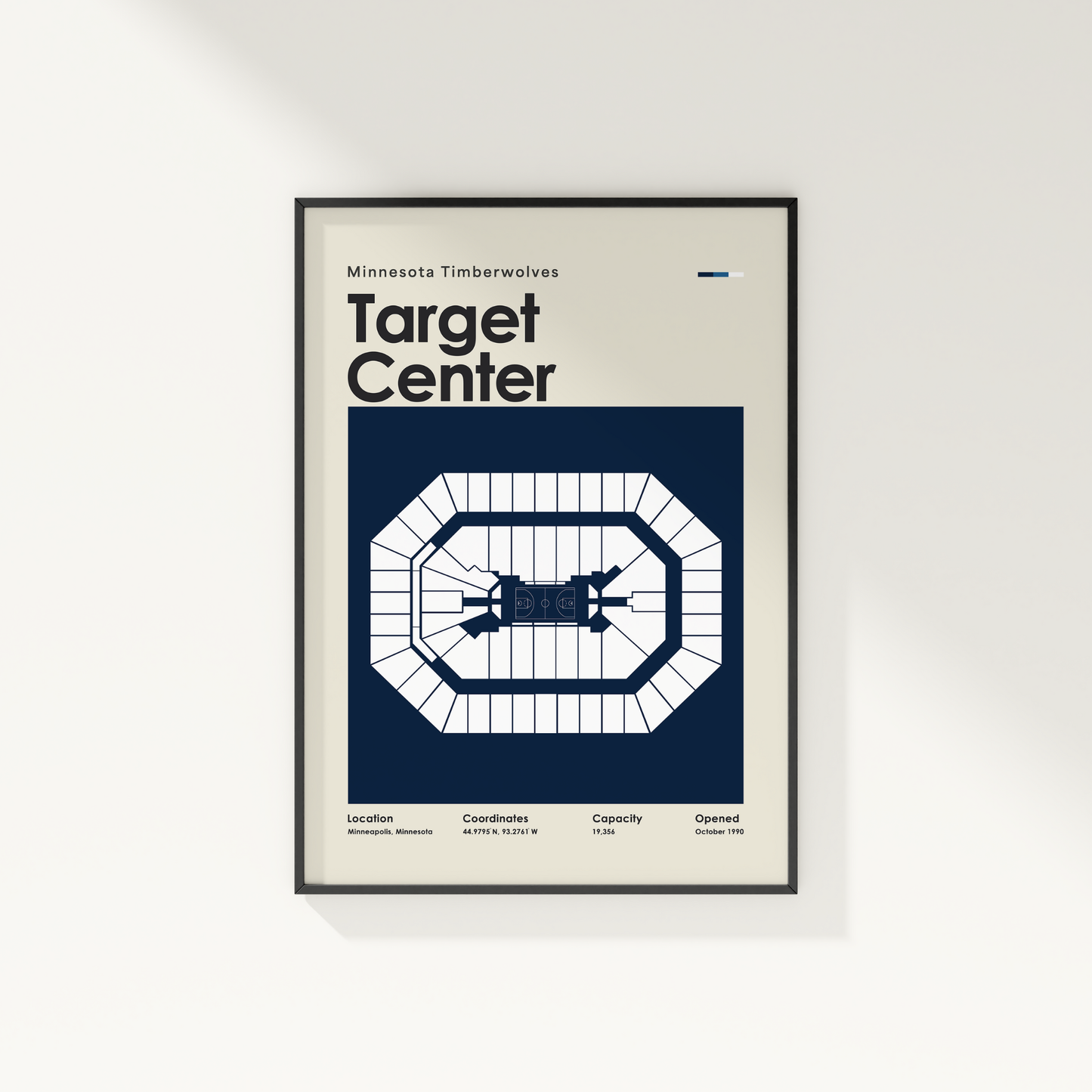 Framed poster of Target Center with Minnesota Timberwolves text on a beige background