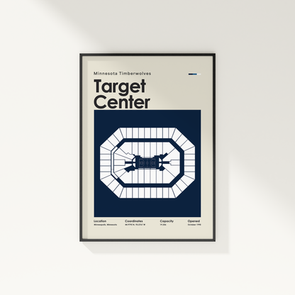 Framed poster of Target Center with Minnesota Timberwolves text on a beige background