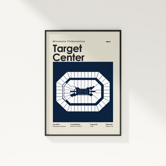 Framed poster of Target Center with Minnesota Timberwolves text on a beige background