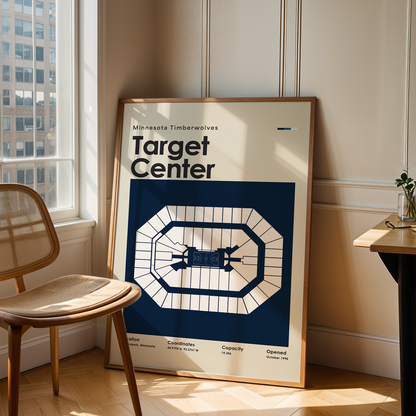 Framed poster of Target Center in a room with a chair and table.