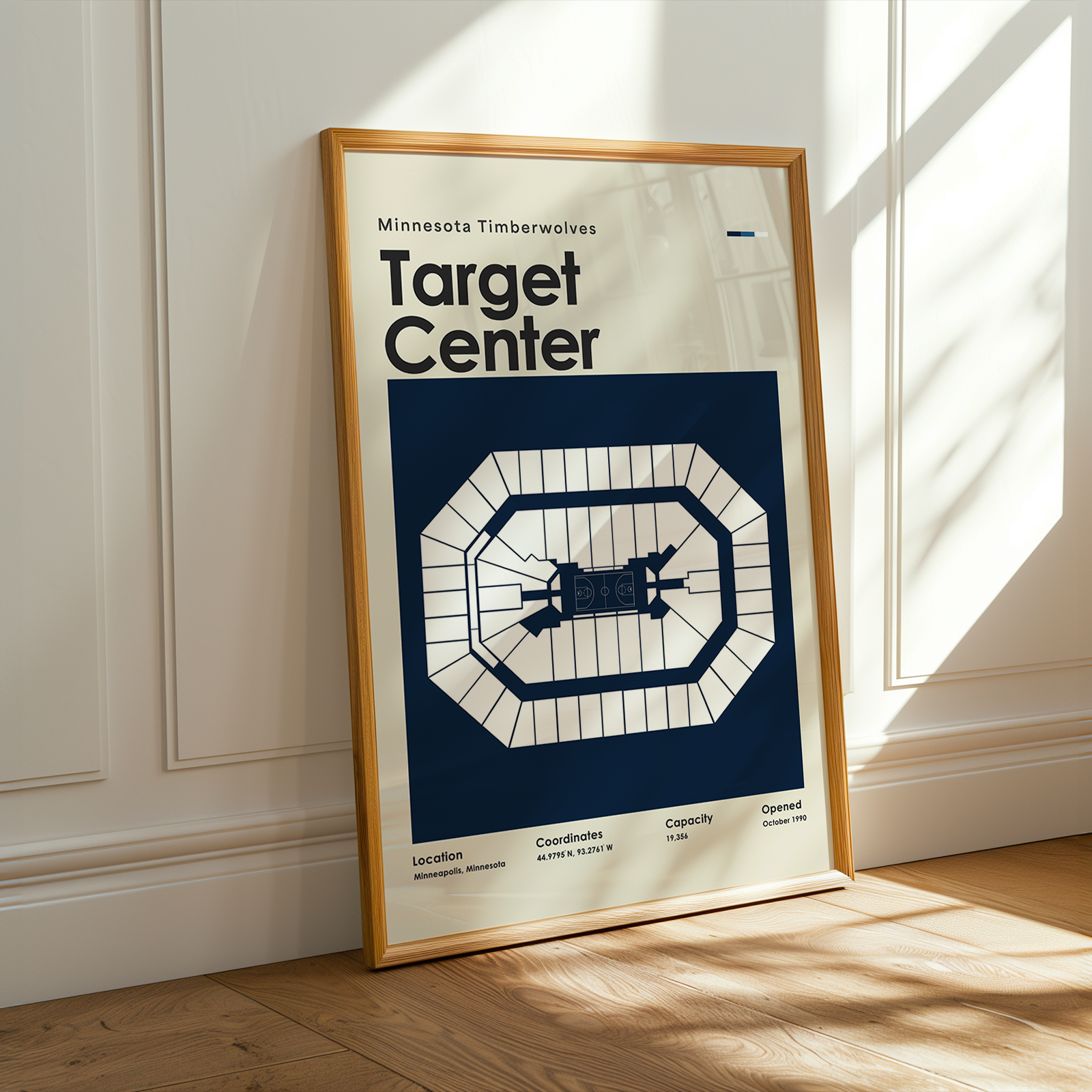 Framed poster of Target Center with Minnesota Timberwolves text on a wall.