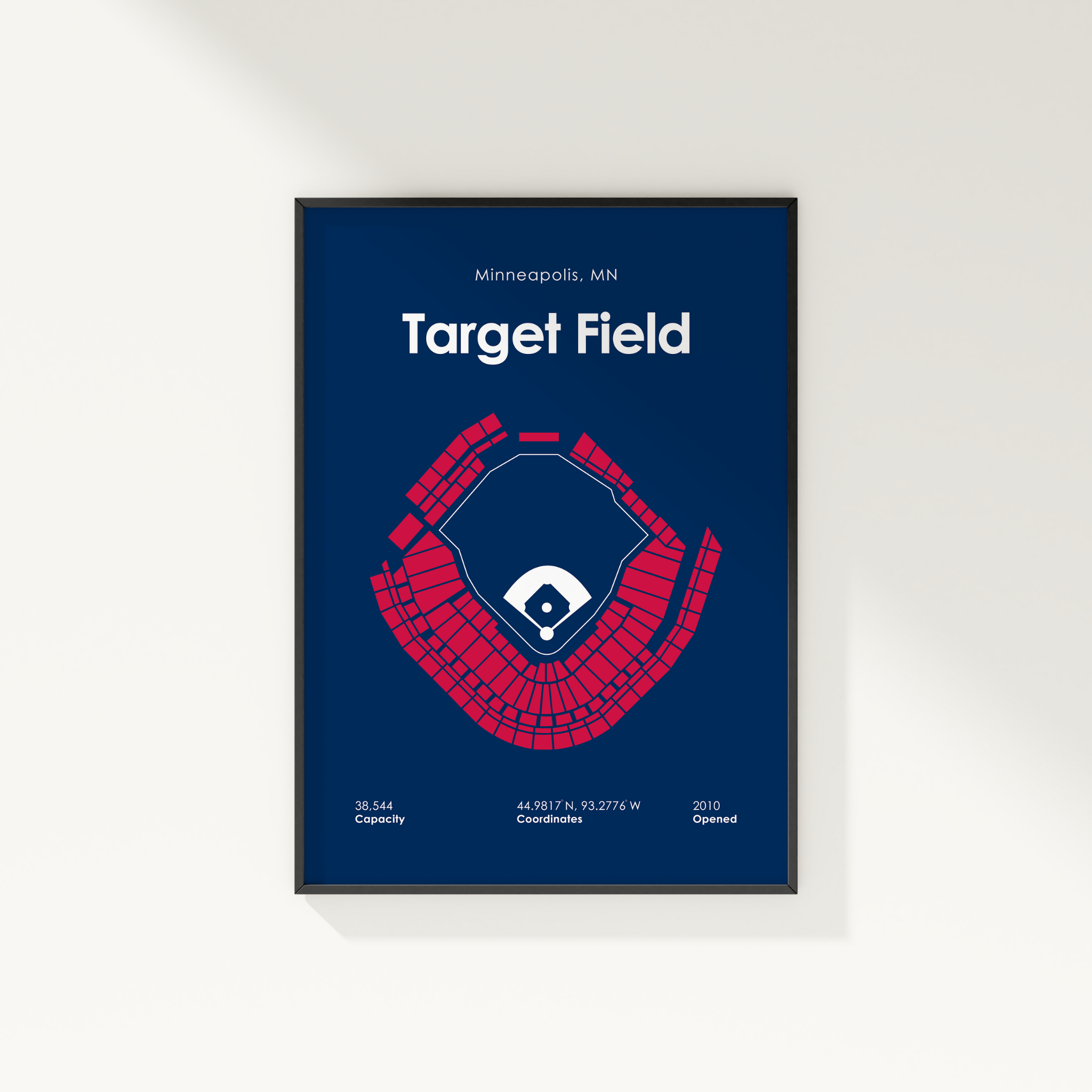 Framed poster of Target Field layout with red seating and blue background