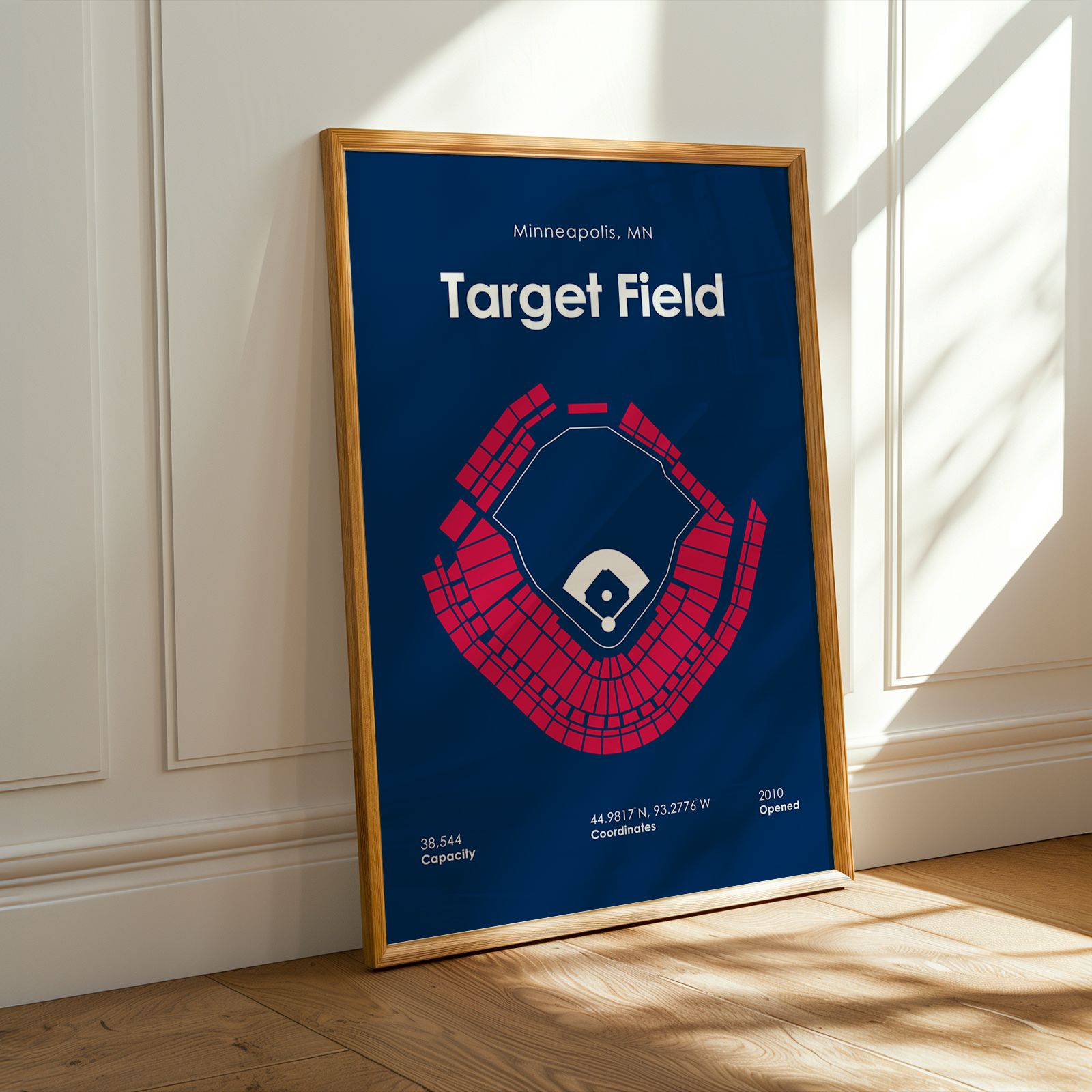 Framed poster of Target Field layout with 'Minneapolis, MN' text on a blue background.