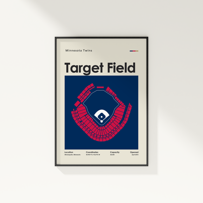 Framed poster of Target Field with Minnesota Twins logo on a white wall