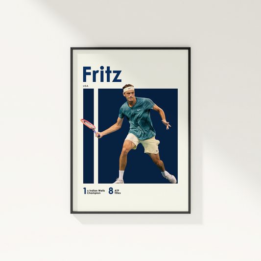 framed poster mockup of tennis player taylor fritz hanging on a white wall