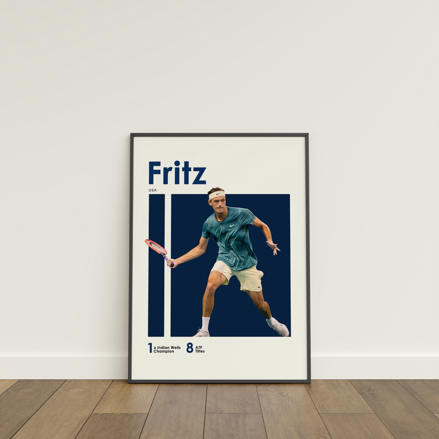 framed poster mockup of tennis player taylor fritz leaning on a white wall