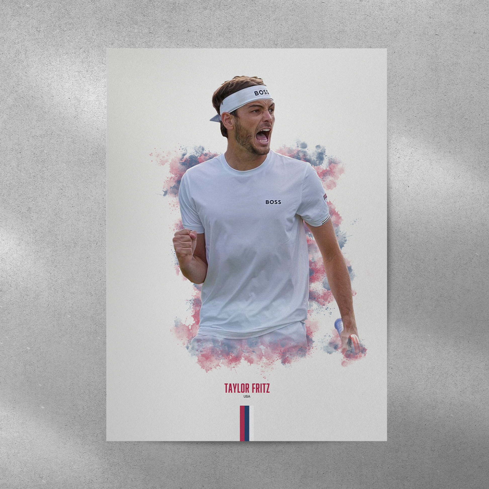 poster mockup of tennis player taylor fritz on a grey wall