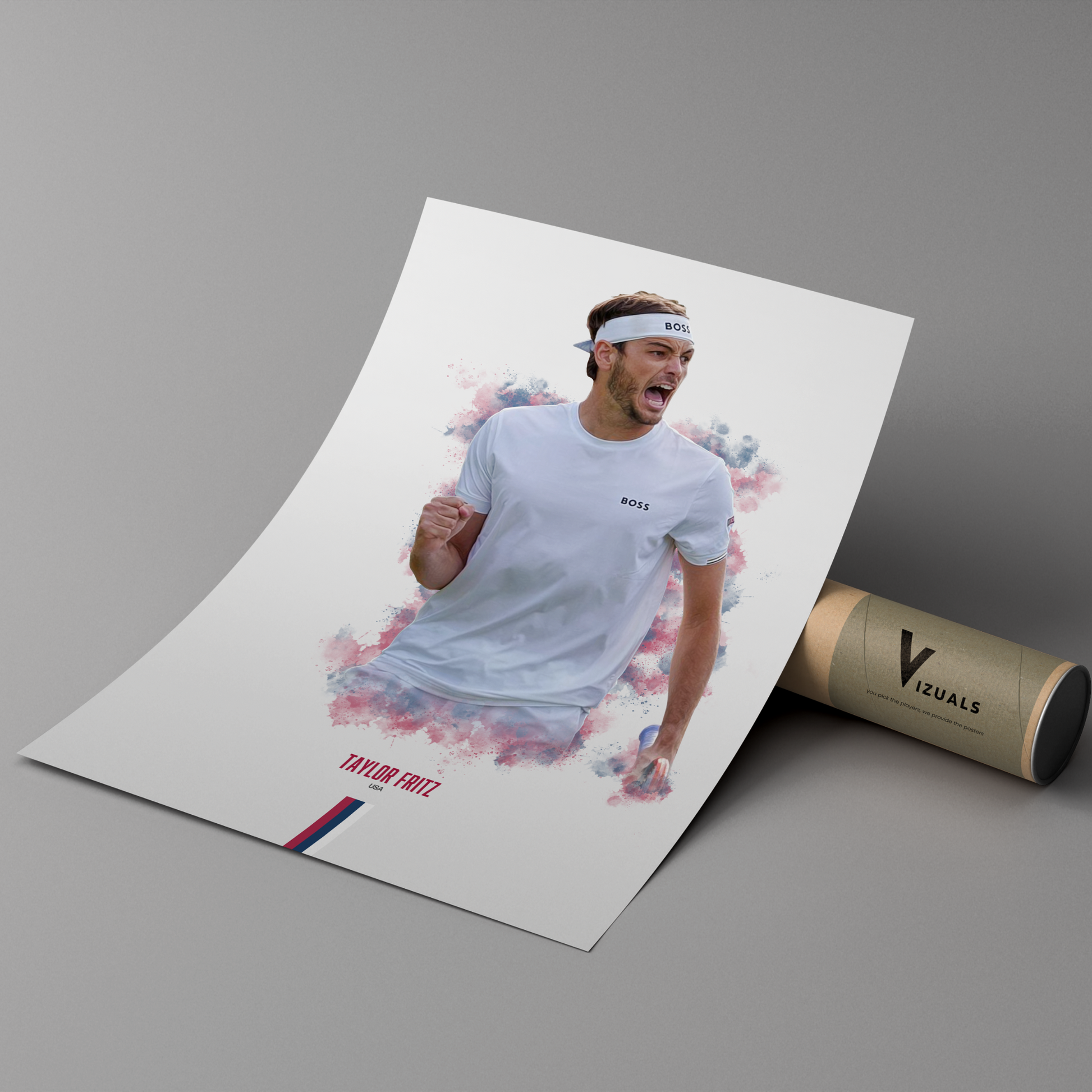 poster mockup of tennis player taylor fritz leaning on a cardboard tube