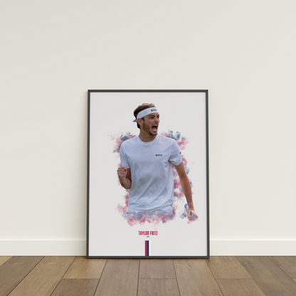 framed poster mockup of tennis player taylor fritz leaning on a white wall