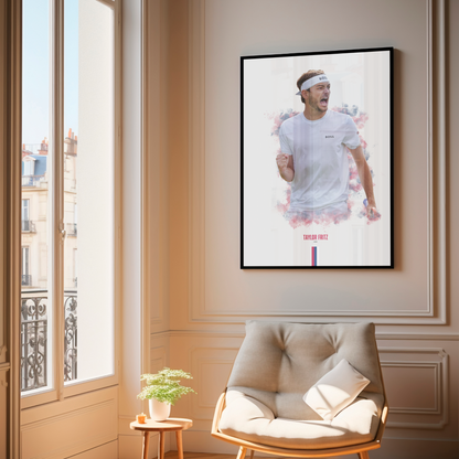 framed poster mockup of tennis player taylor fritz hanging in a living room