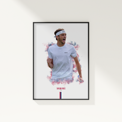 framed poster mockup of tennis player taylor fritz hanging on a white wall