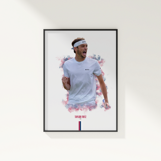 framed poster mockup of tennis player taylor fritz hanging on a white wall