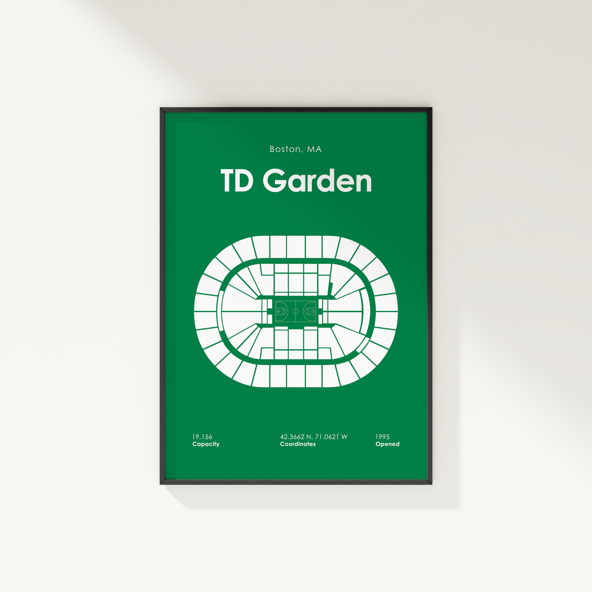 Framed poster of TD Garden layout with green background and white text