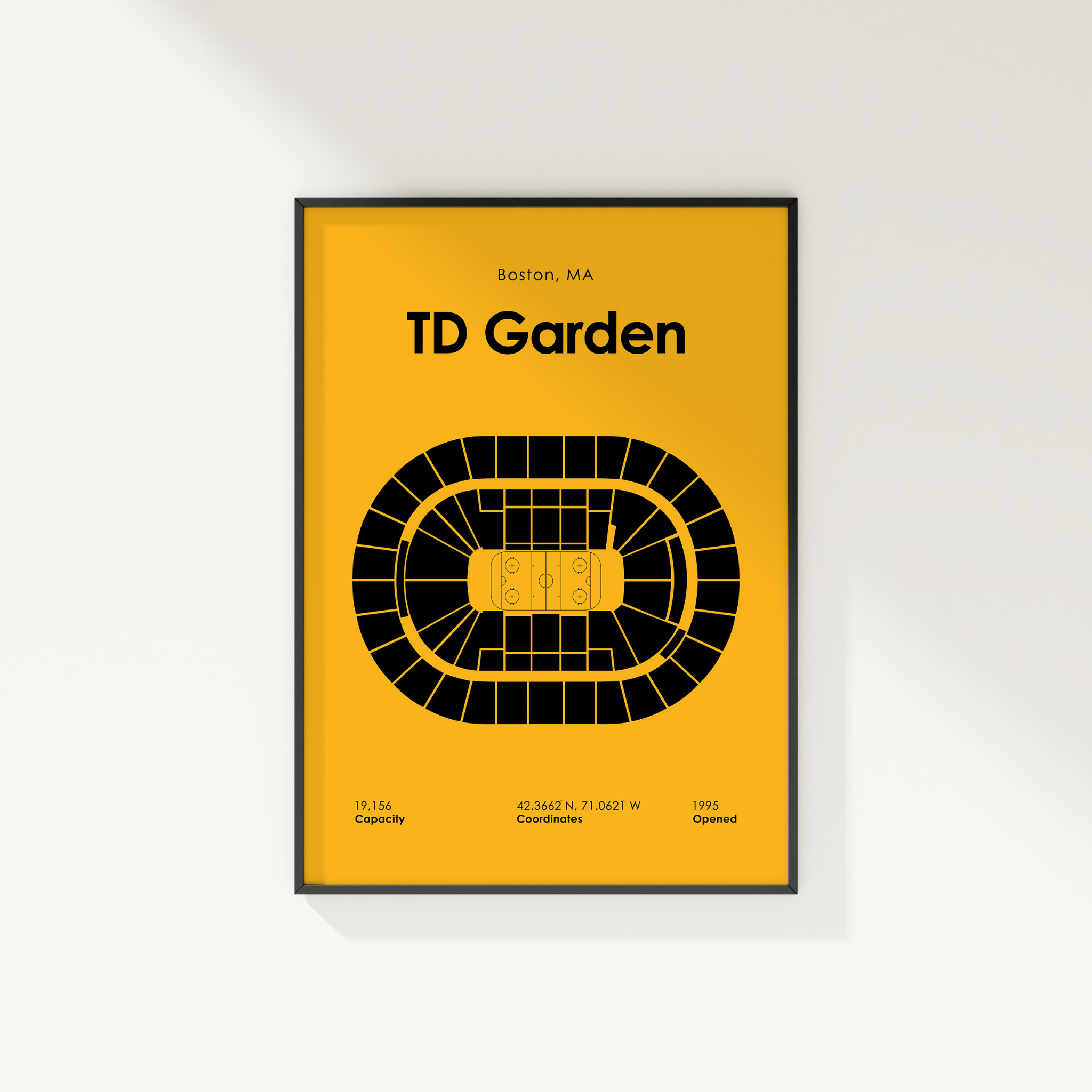 Seating chart poster for TD Garden with yellow background and black text
