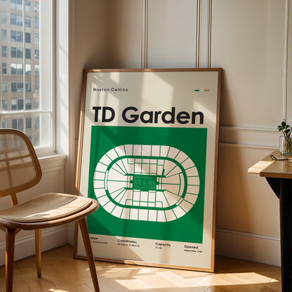 Framed map of TD Garden in a room with a chair and table.