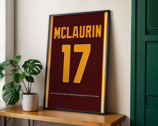 Framed sports jersey with 'Mclaurin' and number '17' on a wooden shelf.