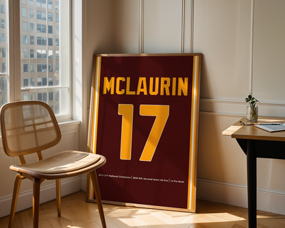 Framed sports jersey with 'MCLAUrin' and number '17' in a room with a chair and table.
