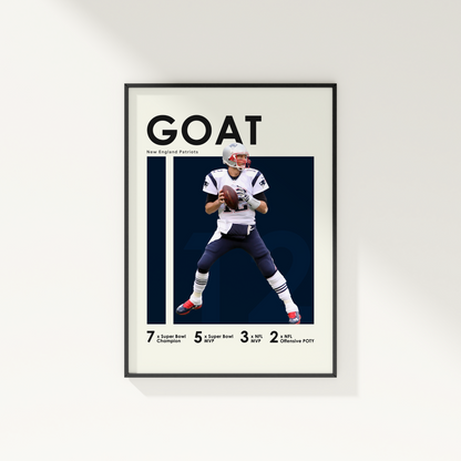 framed poster mockup of football player tom brady hanging on a white wall