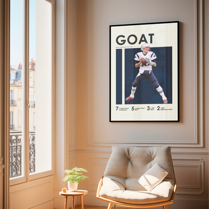 framed poster mockup of football player tom brady hanging in a living room