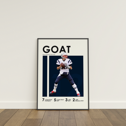 framed poster mockup of football player tom brady leaning on a white wall