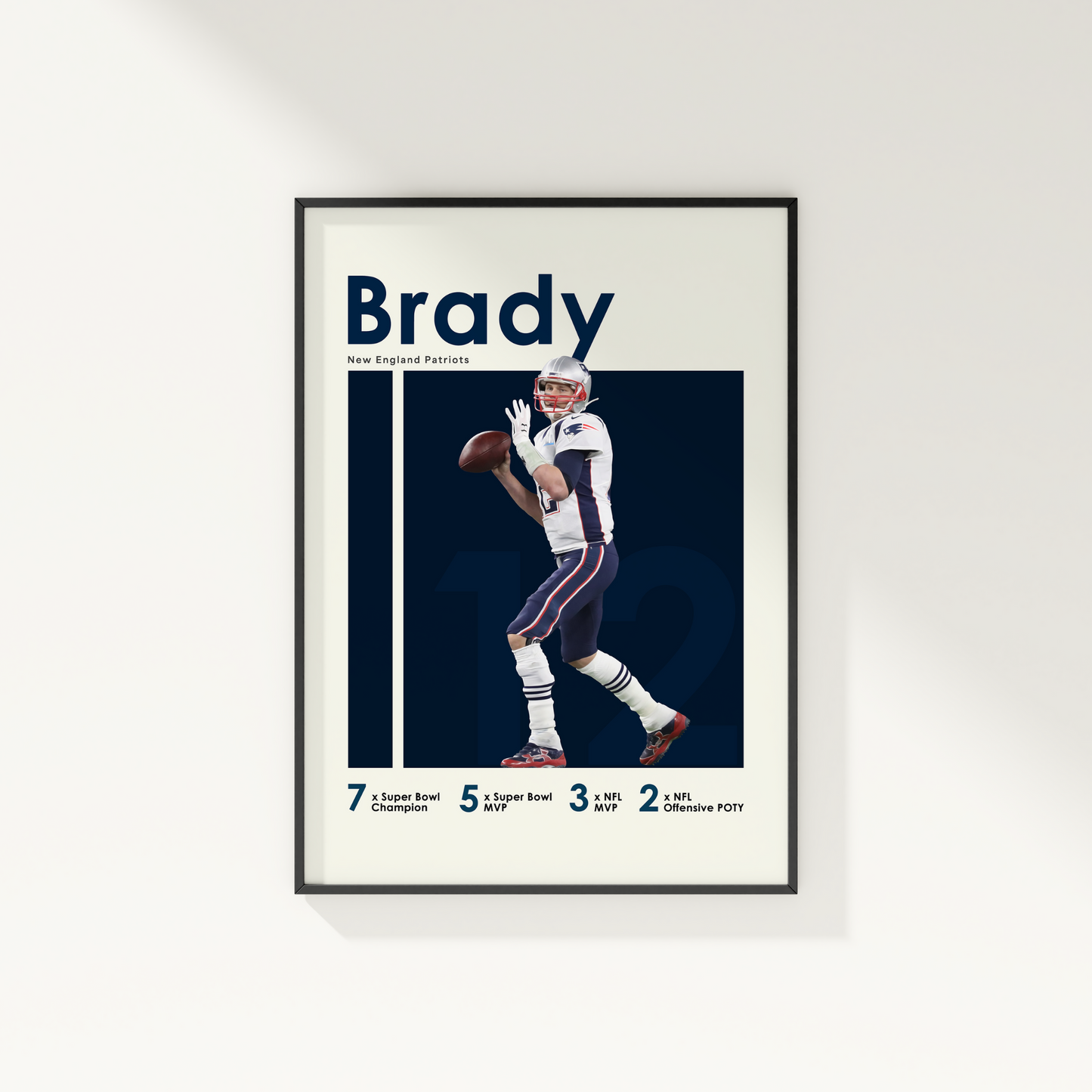 framed poster mockup of football player tom brady hanging on a white wall