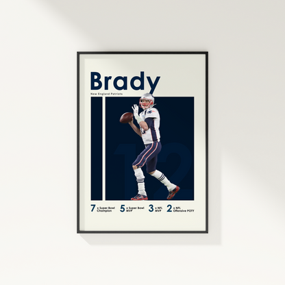 framed poster mockup of football player tom brady hanging on a white wall