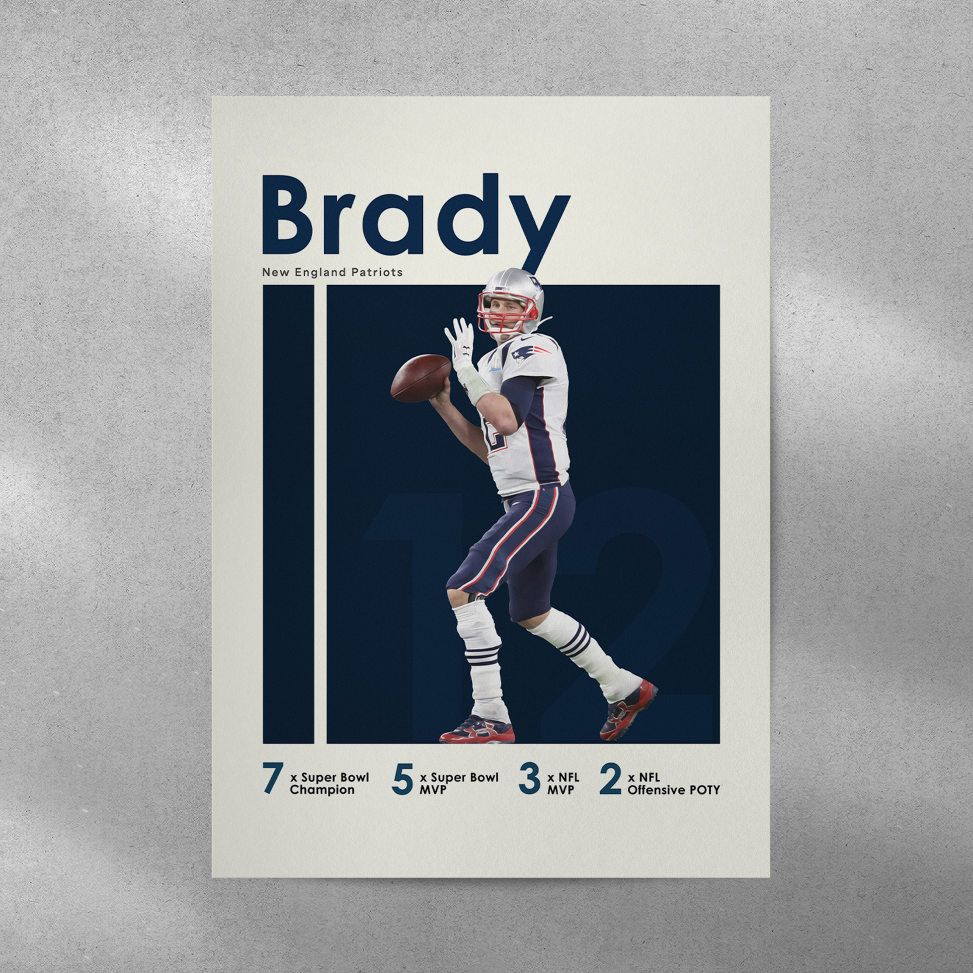 poster mockup of football player tom brady on a grey wall