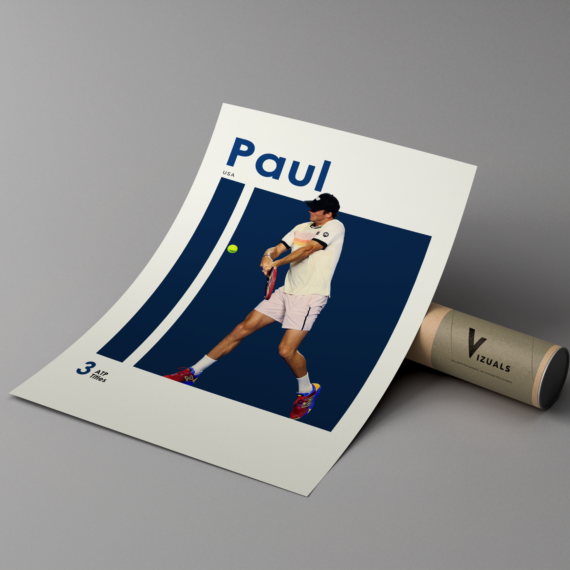 poster mockup of tennis player tommy paul leaning on a cardboard tube