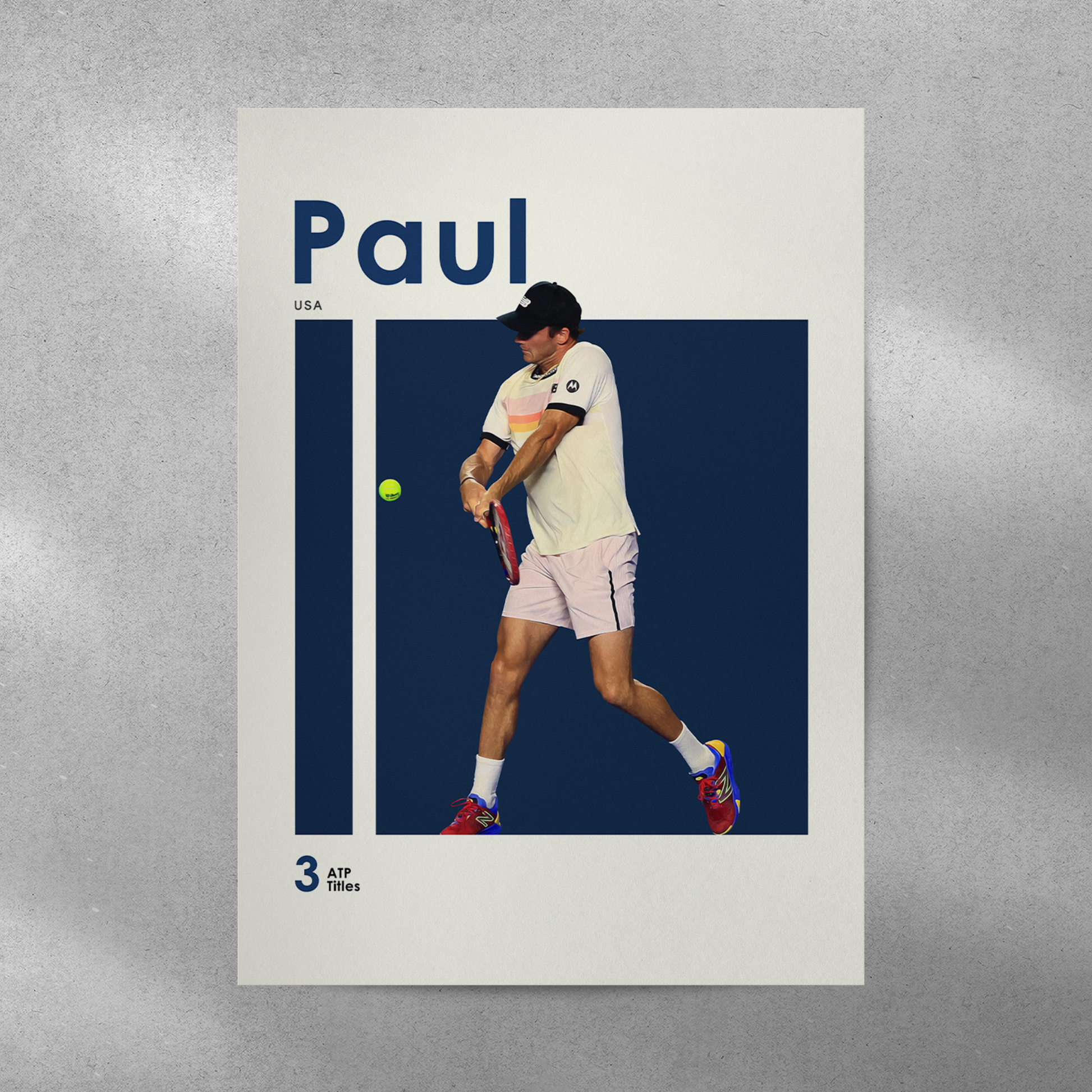 poster mockup of tennis player tommy paul on a grey wall