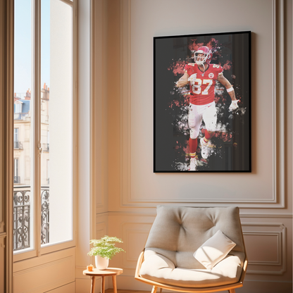 framed poster mockup of football player travis kelce hanging in a living room