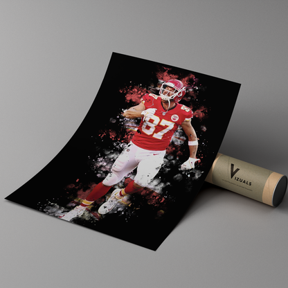 poster mockup of football player travis kelce leaning on a cardboard tube