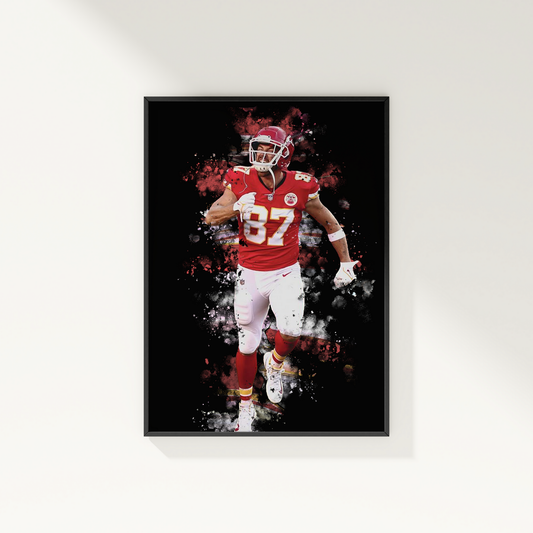 framed poster mockup of football player travis kelce hanging on a white wall