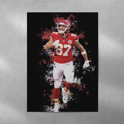 poster mockup of football player travis kelce on a grey wall