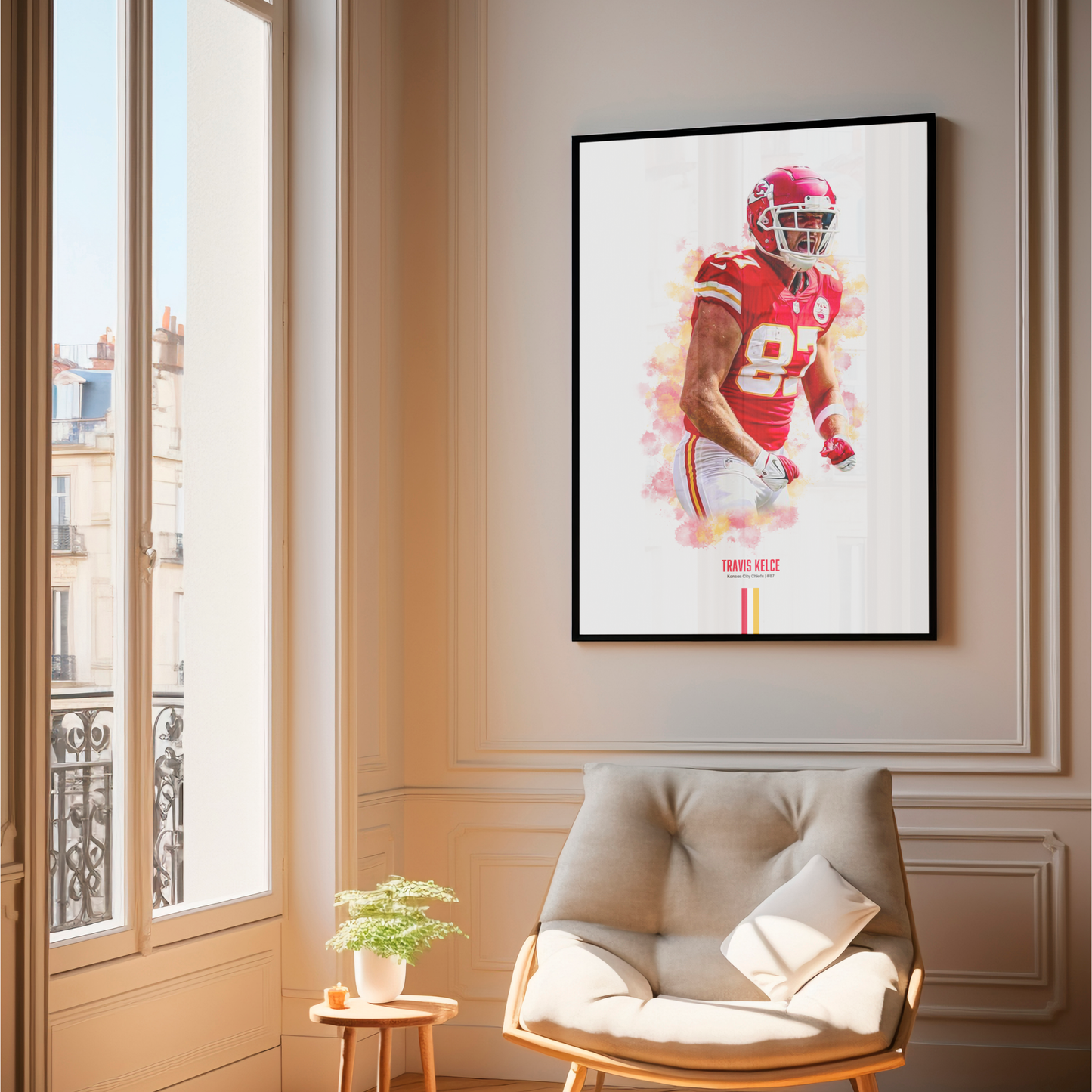 framed poster mockup of football player travis kelce hanging in a living room