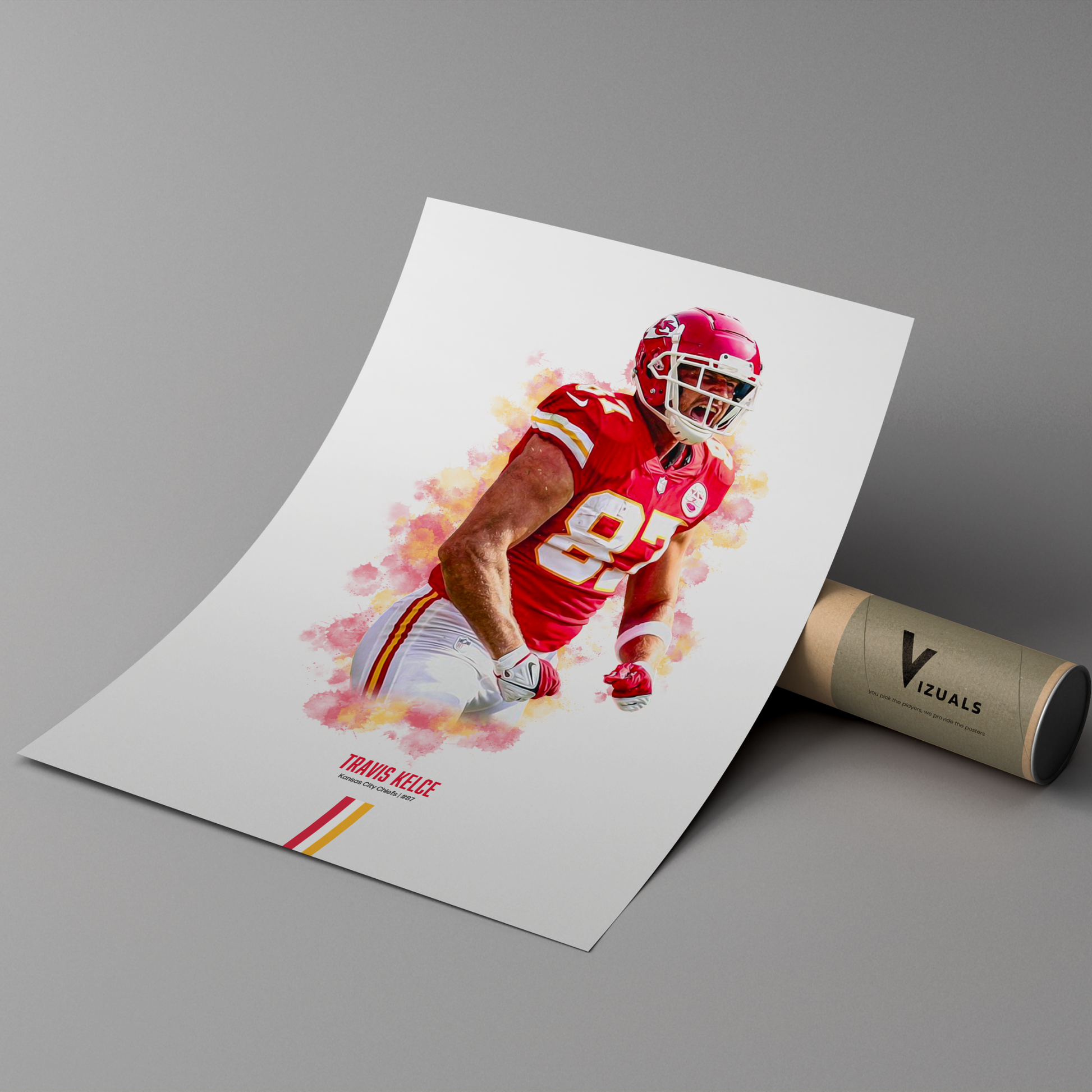 poster mockup of football player travis kelce leaning on a cardboard tube