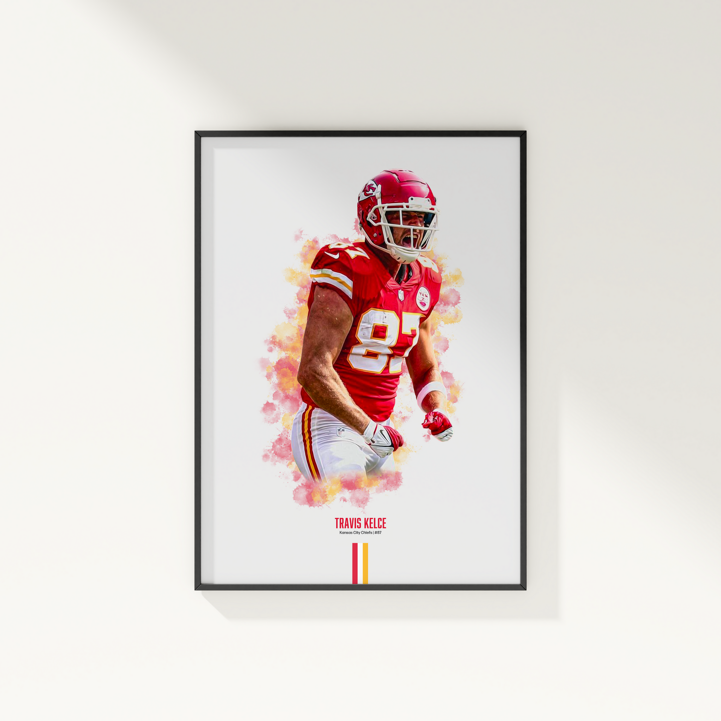 framed poster mockup of football player travis kelce hanging on a white wall