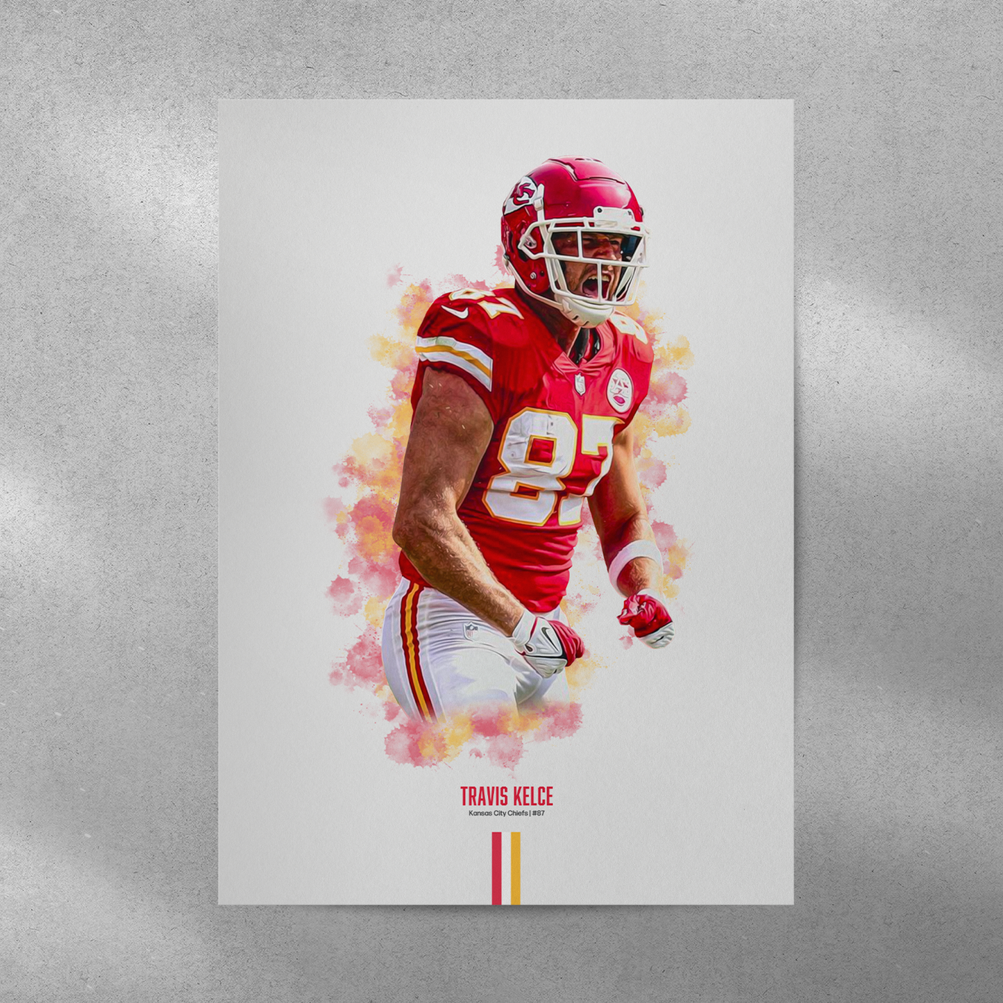 poster mockup of football player travis kelce on a grey wall