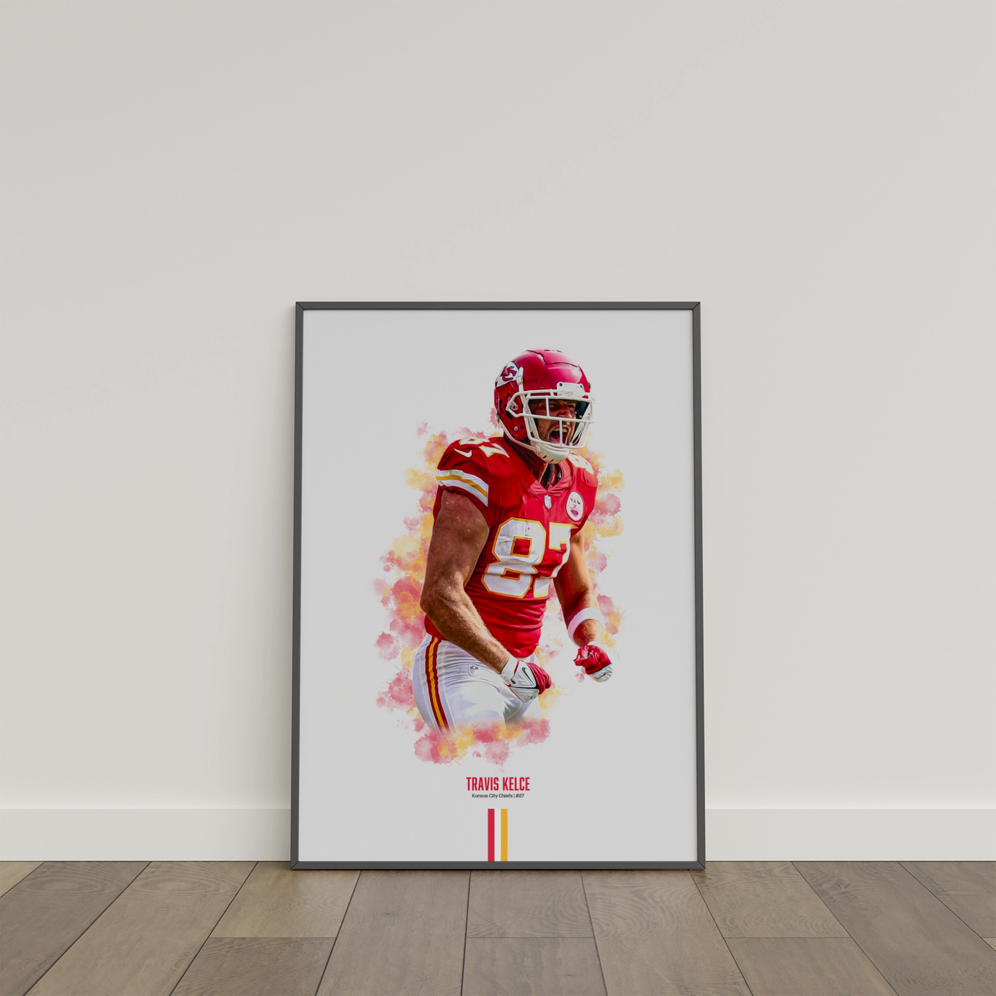 framed poster mockup of football player travis kelce leaning on a white wall