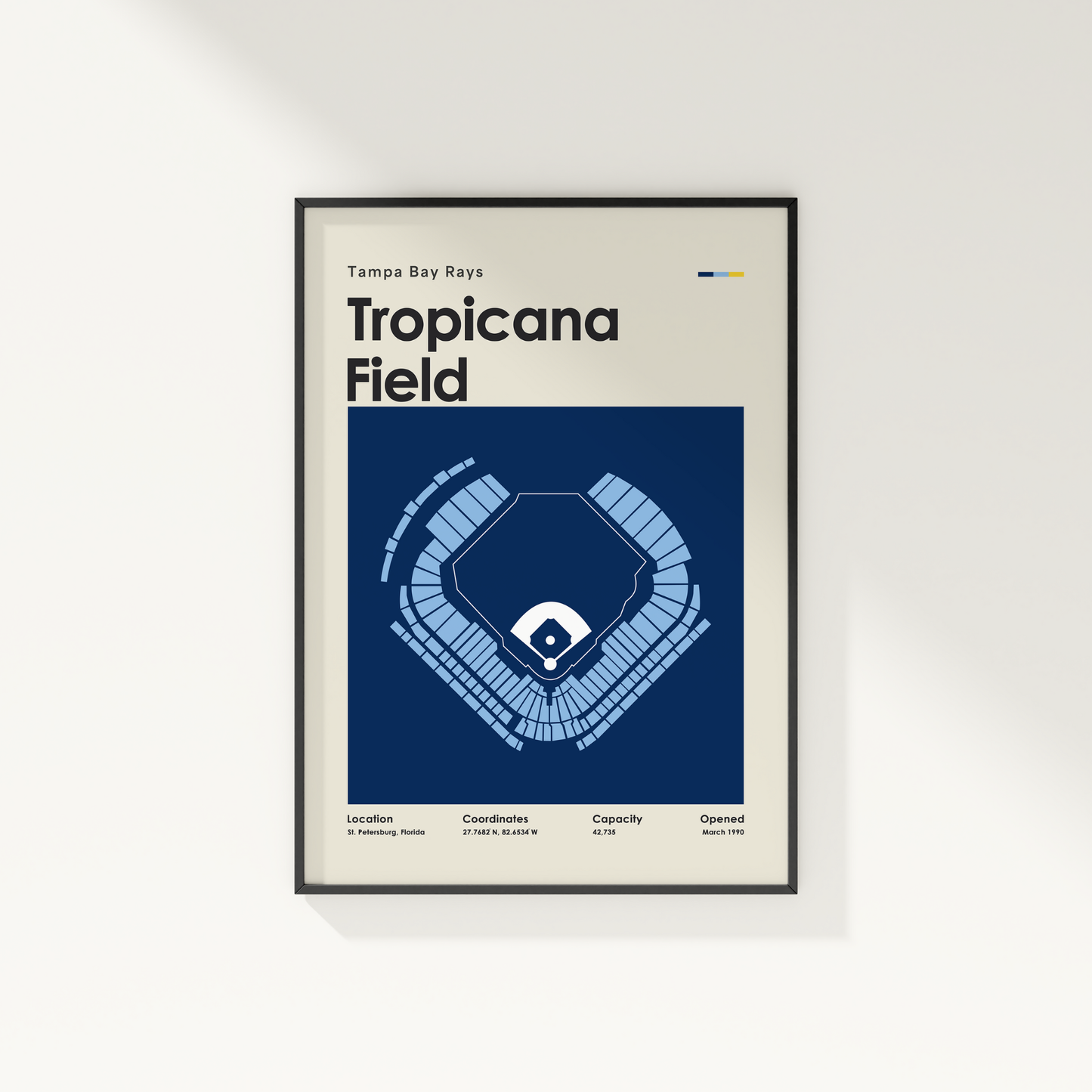 Framed poster of Tropicana Field layout with 'Tampa Bay Rays' text on a white background