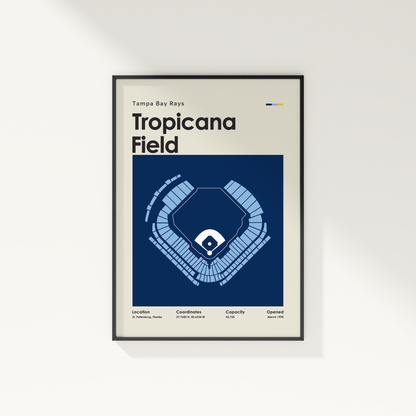 Framed poster of Tropicana Field layout with 'Tampa Bay Rays' text on a white background