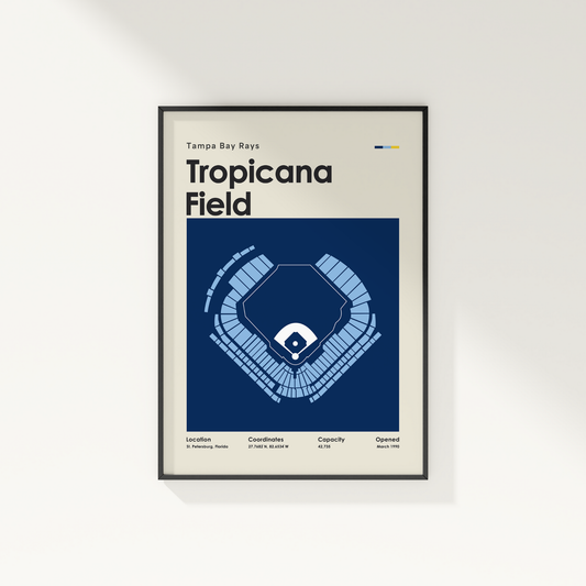 Framed poster of Tropicana Field layout with 'Tampa Bay Rays' text on a white background