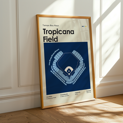 Framed poster of Tropicana Field on a wall with sunlight casting shadows.