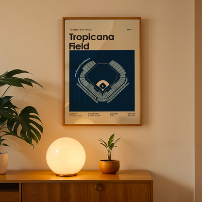 Framed Tropicana Field poster on a wall above a wooden cabinet with decorative items.