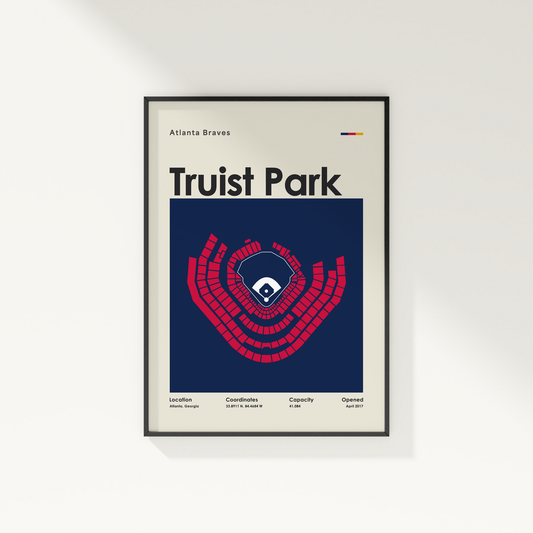 Framed poster of Truist Park with Atlanta Braves logo on a white wall