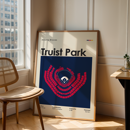 Framed poster of Truist Park in a room with a chair and table.