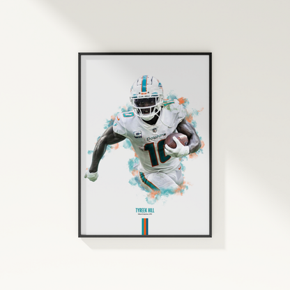 framed poster mockup of football player tyreek hill hanging on a white wall